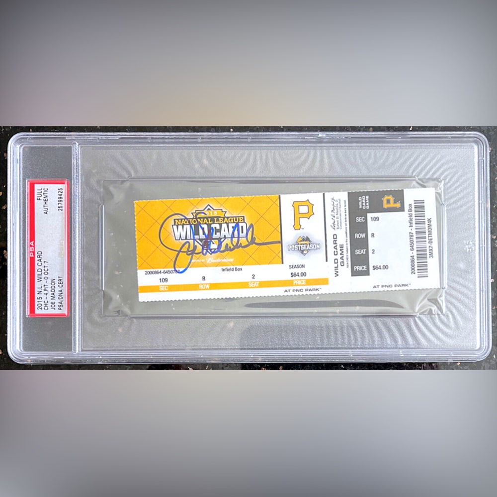💥Joe Maddon💥 Chicago Cubs Signed 2015 Wild Card Game Ticket 2016 WS Champ —PSA